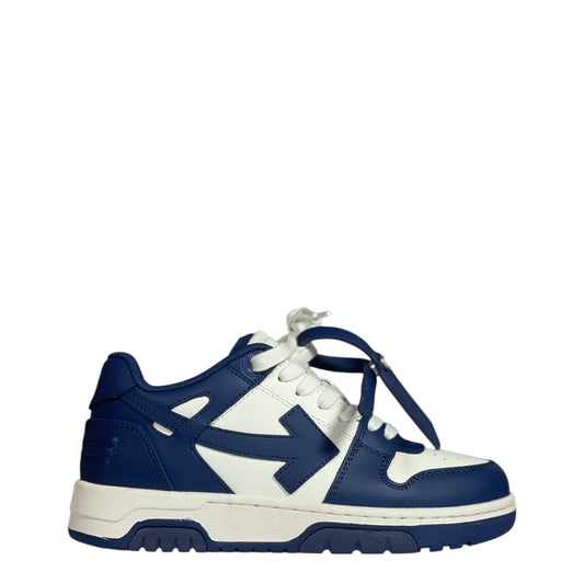 Luxury Chef OFF-WHITE OUT OF OFFICE blue and white leather sneakers with arrow logo.