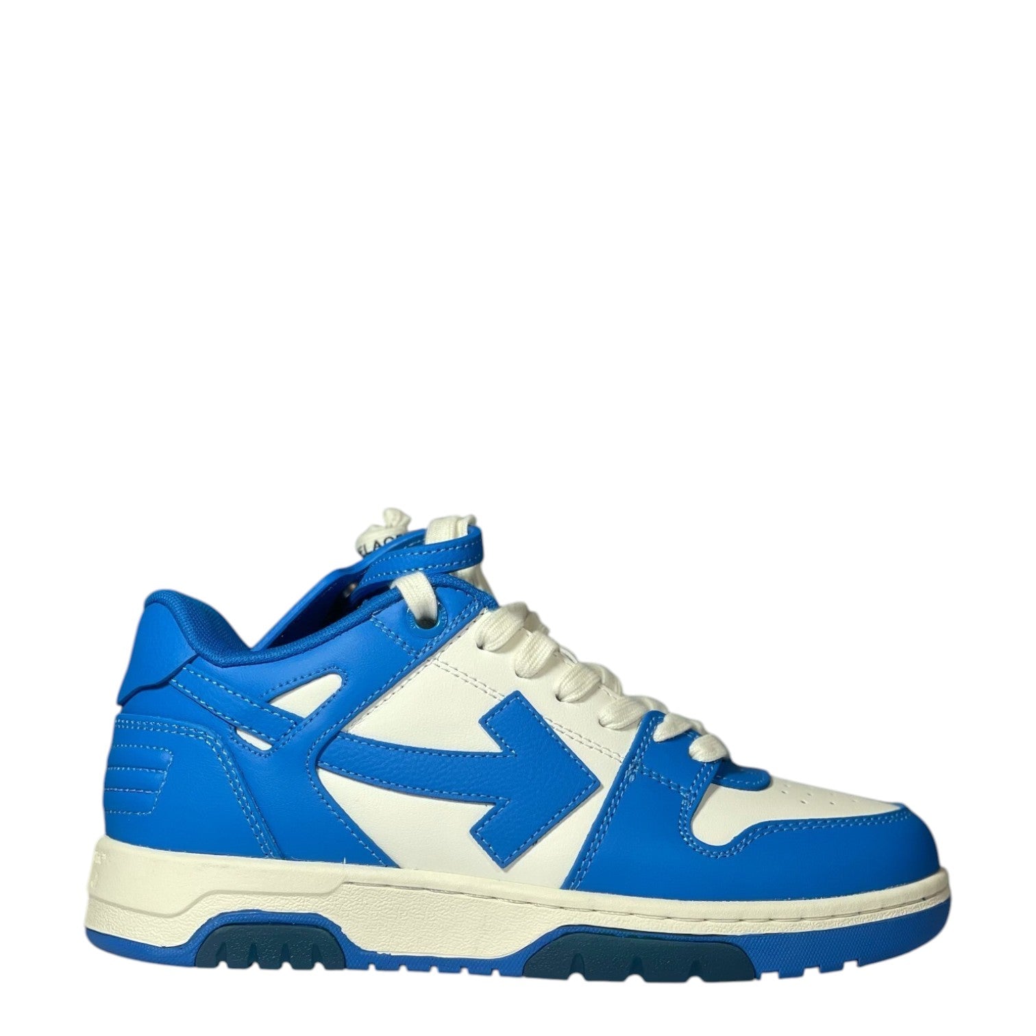 Luxury Chef OFF-WHITE OUT OF OFFICE blue and white leather sneakers with signature arrow logo.