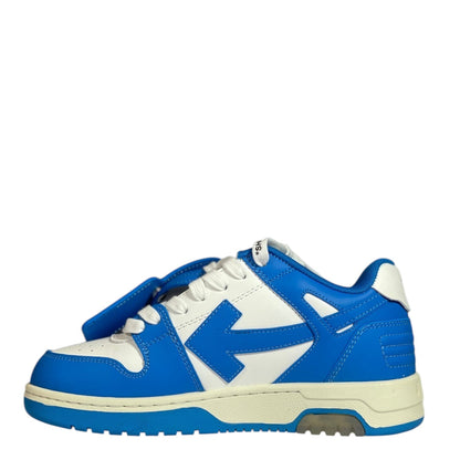 Luxury Chef Off-White Out of Office low-top sneakers in white and blue leather with iconic arrow logo.