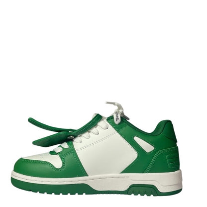 Luxury Chef OFF-WHITE OUT OF OFFICE green and white leather low-top sneakers with signature tag.
