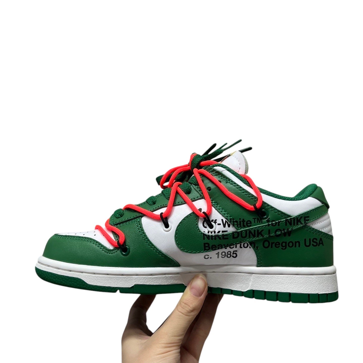 Luxury Chef Off-White x Nike Dunk Low sneakers in green and white leather with red laces and text details.