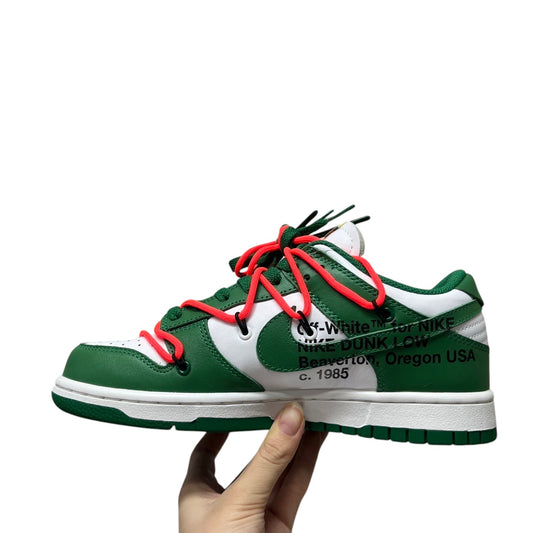 Luxury Chef Off-White x Nike Dunk Low sneakers in green and white leather with red laces and text details.
