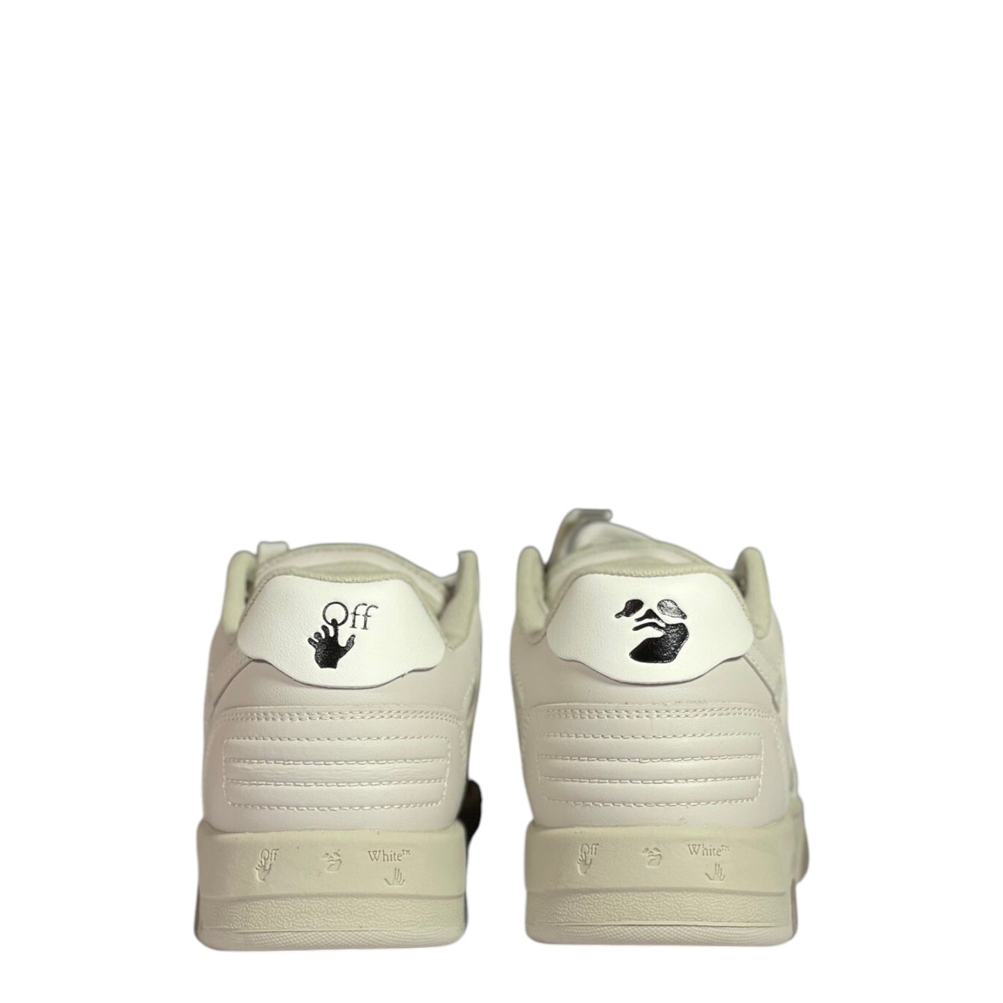 Luxury Chef OFF-WHITE OUT OF OFFICE beige leather sneakers with signature logo details on heel.
