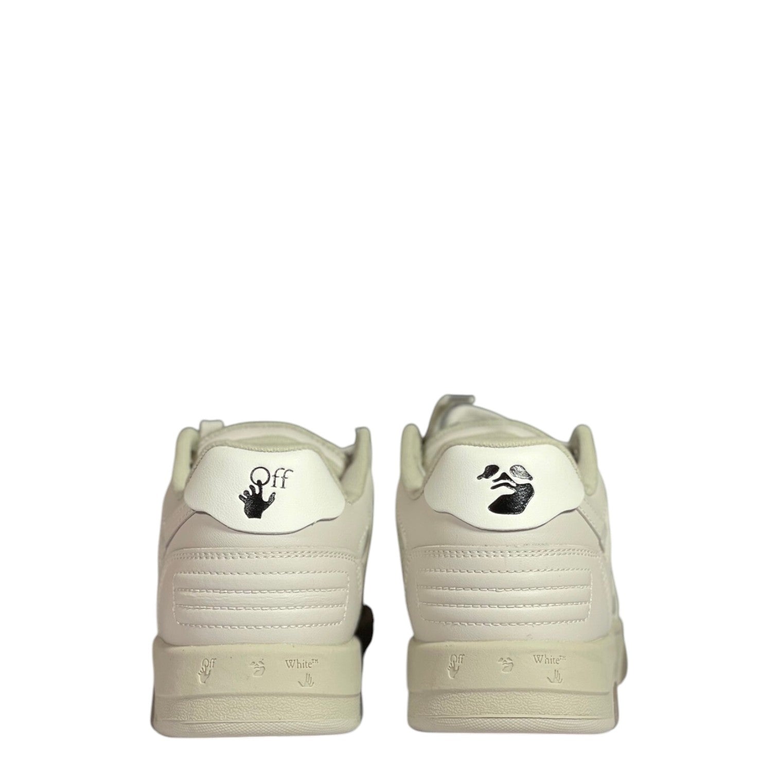 Luxury Chef OFF-WHITE OUT OF OFFICE beige leather sneakers with signature logo details on heel.