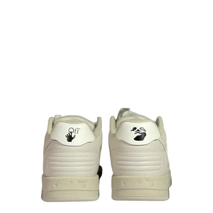 Luxury Chef OFF-WHITE OUT OF OFFICE beige leather sneakers with signature logo details on heel.