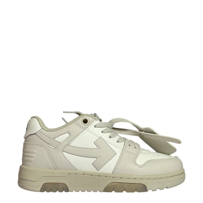 Luxury Chef OFF-WHITE OUT OF OFFICE beige leather sneakers with signature arrow logo and chunky sole.