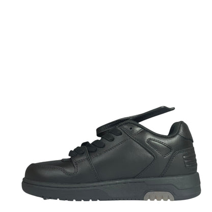 Luxury Chef OFF-WHITE OUT OF OFFICE black leather sneakers with lace-up closure and distinctive sole detail.
