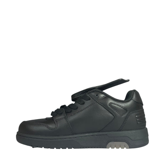 Luxury Chef OFF-WHITE OUT OF OFFICE black leather sneakers with lace-up closure and distinctive sole detail.