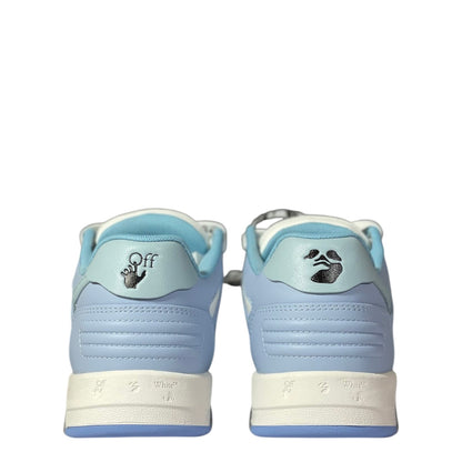 Luxury Chef OFF-WHITE OUT OF OFFICE light blue leather sneakers with white soles and signature branding.