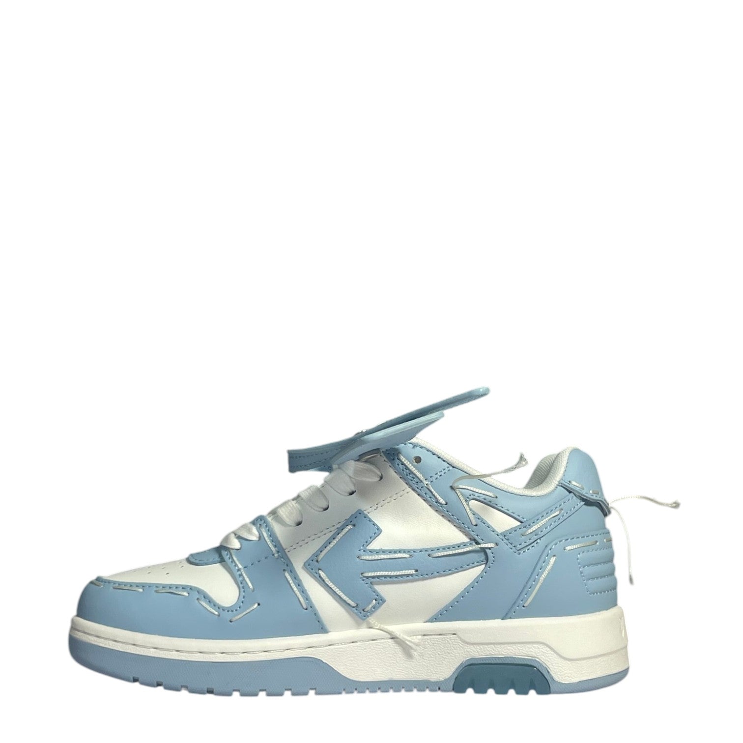 Luxury Chef OFF-WHITE OUT OF OFFICE light blue and white leather sneakers with contrast stitching.