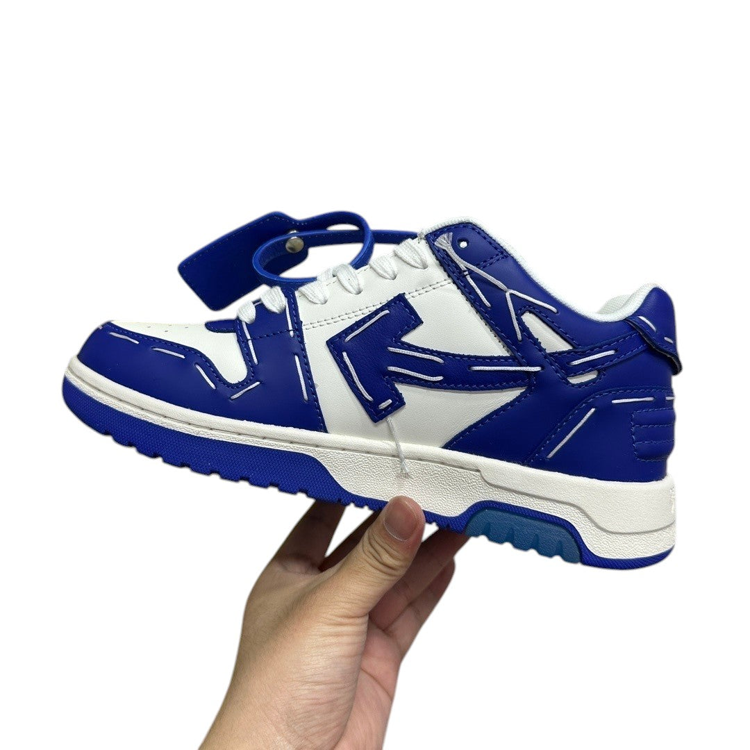 Luxury Chef Off-White Out of Office sneakers in white leather with royal blue accents and stitching details.