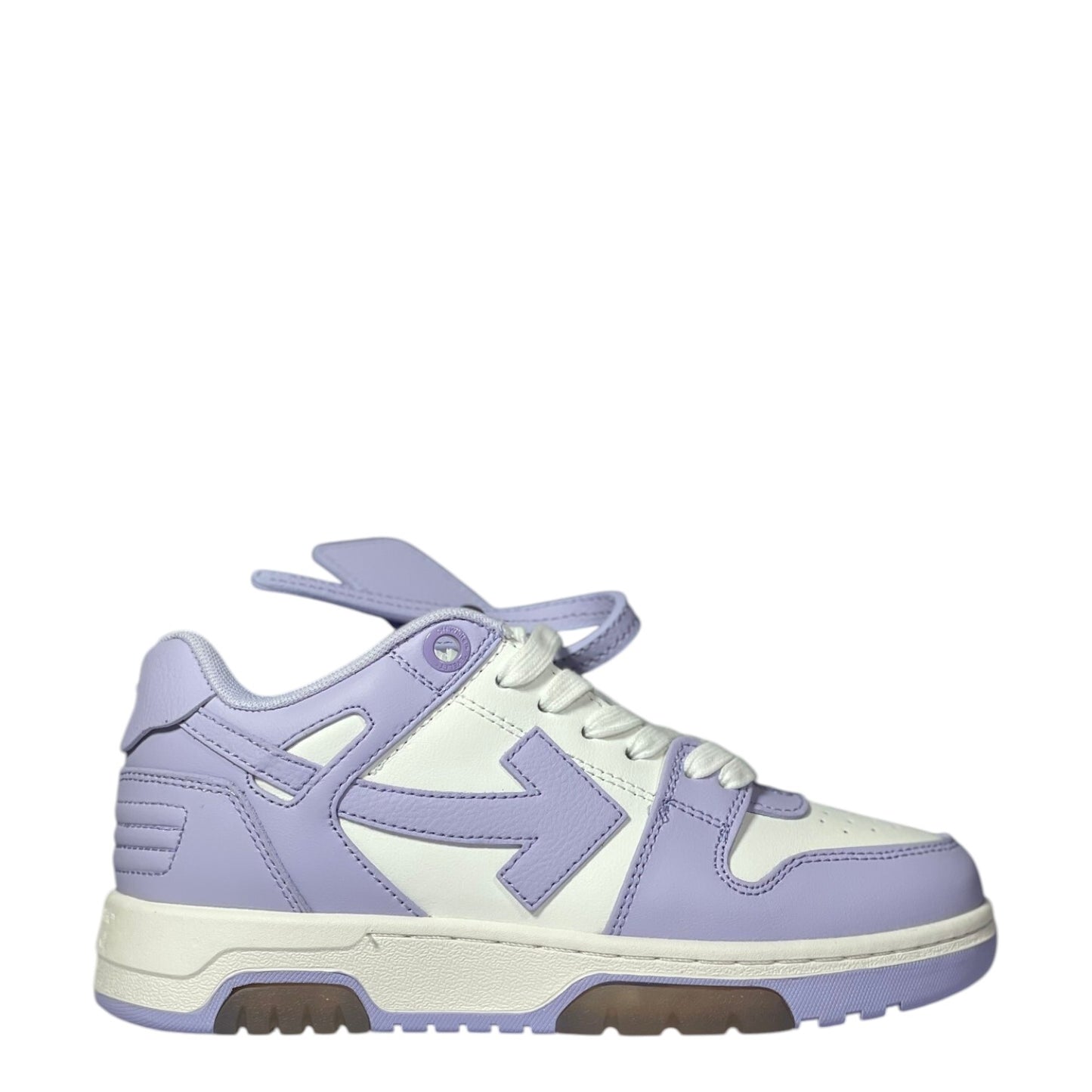 Luxury Chef Off-White Out of Office sneakers in white and lavender leather with signature arrow logo.