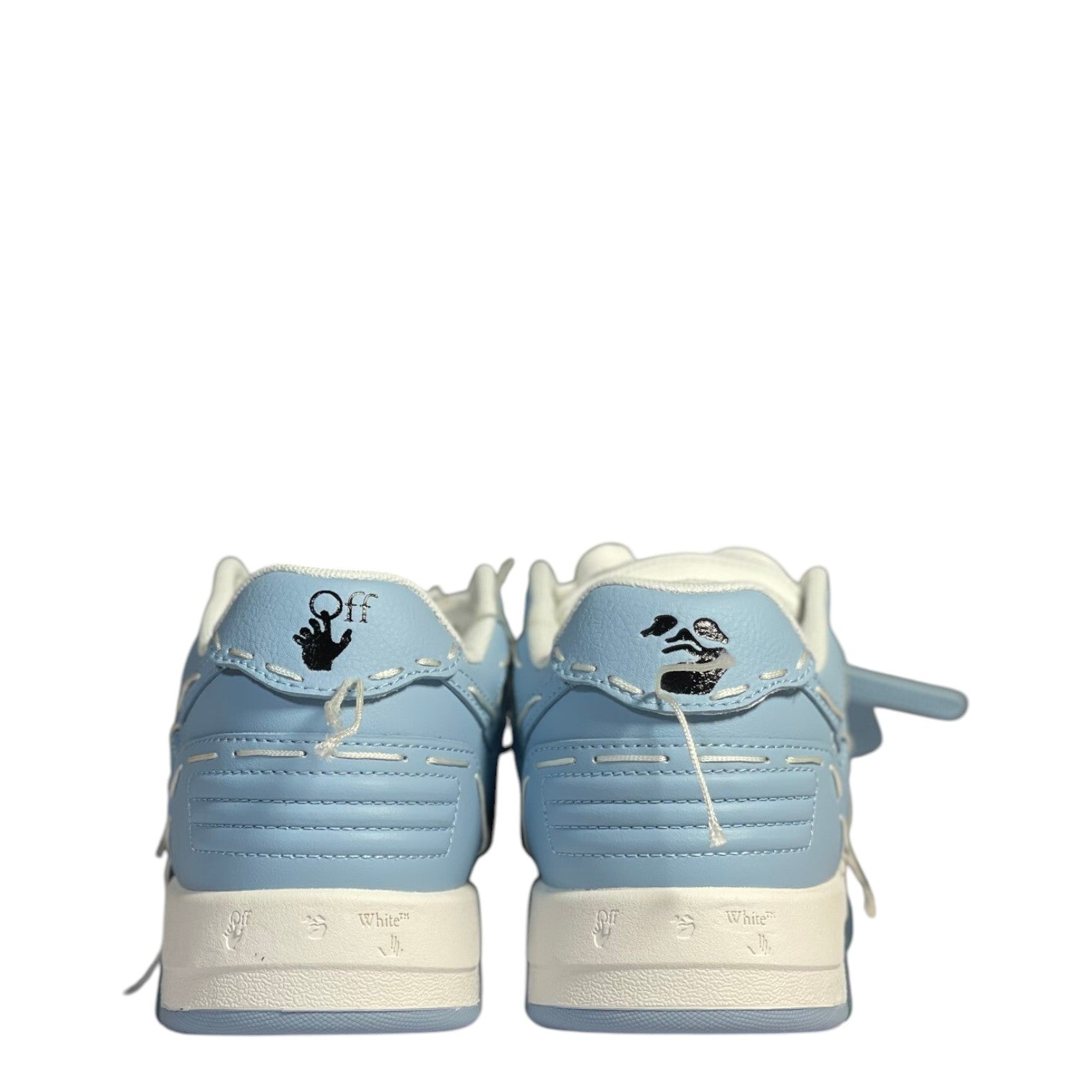 Luxury Chef OFF-WHITE OUT OF OFFICE light blue leather sneakers with white soles and distinctive stitching details.