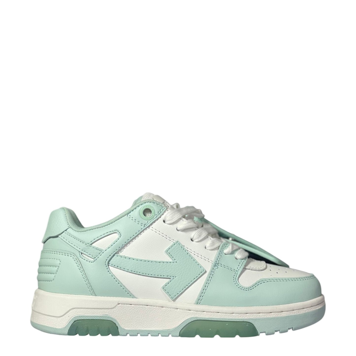 Luxury Chef Off-White Out of Office sneakers in white and mint green leather with signature arrow logo.