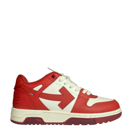 Luxury Chef Off-White Out of Office low-top sneakers in white and red leather with signature arrow logo.