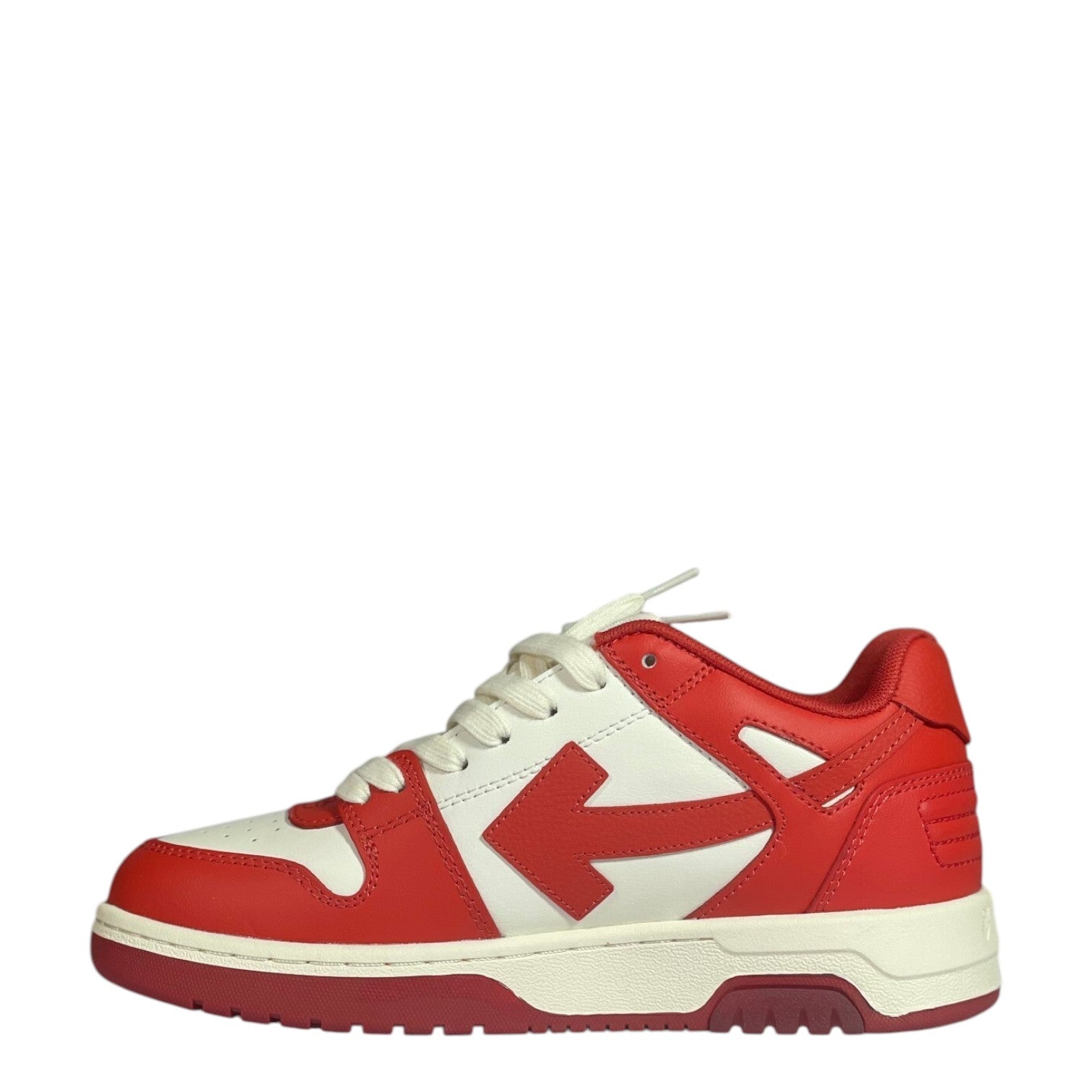 Luxury Chef OFF-WHITE OUT OF OFFICE red and white leather low-top sneakers with arrow detail.