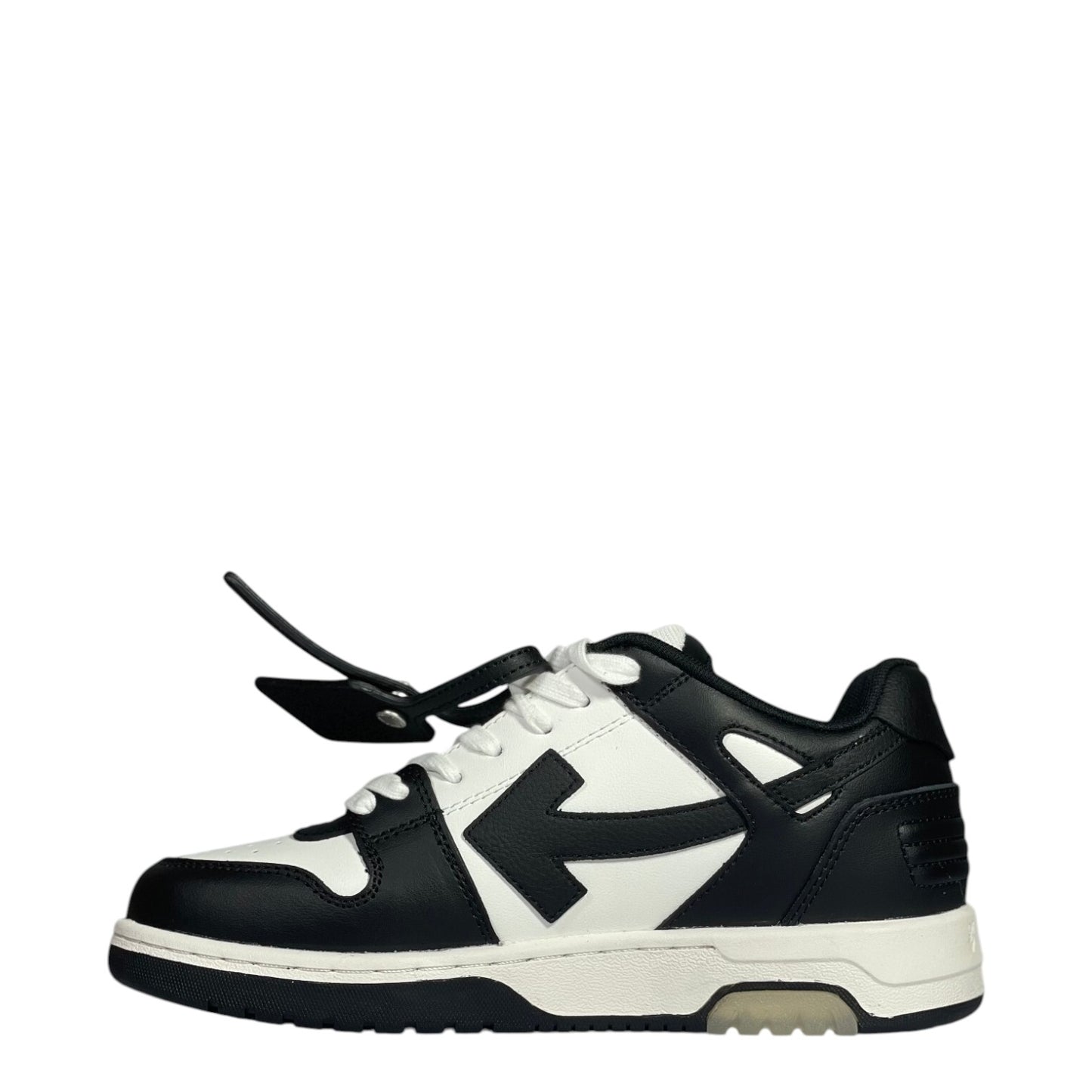 Luxury Chef Off-White Out of Office black and white leather sneakers with iconic arrow logo and zip tie detail.