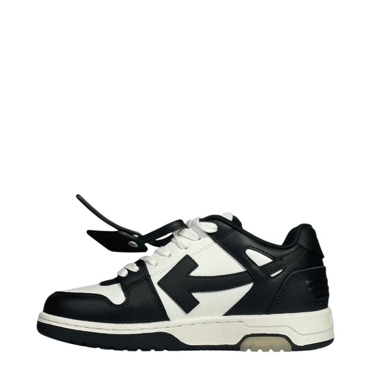 Luxury Chef Off-White Out of Office black and white leather sneakers with iconic arrow logo and zip tie detail.