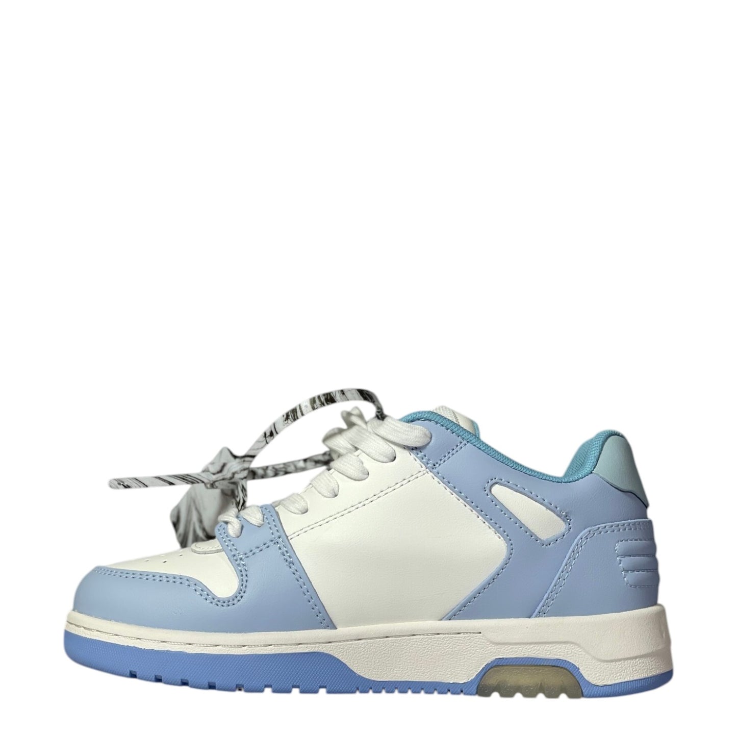 Luxury Chef OFF-WHITE OUT OF OFFICE sneakers in white and light blue leather with distinctive patterned laces.