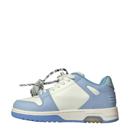 Luxury Chef OFF-WHITE OUT OF OFFICE sneakers in white and light blue leather with distinctive patterned laces.
