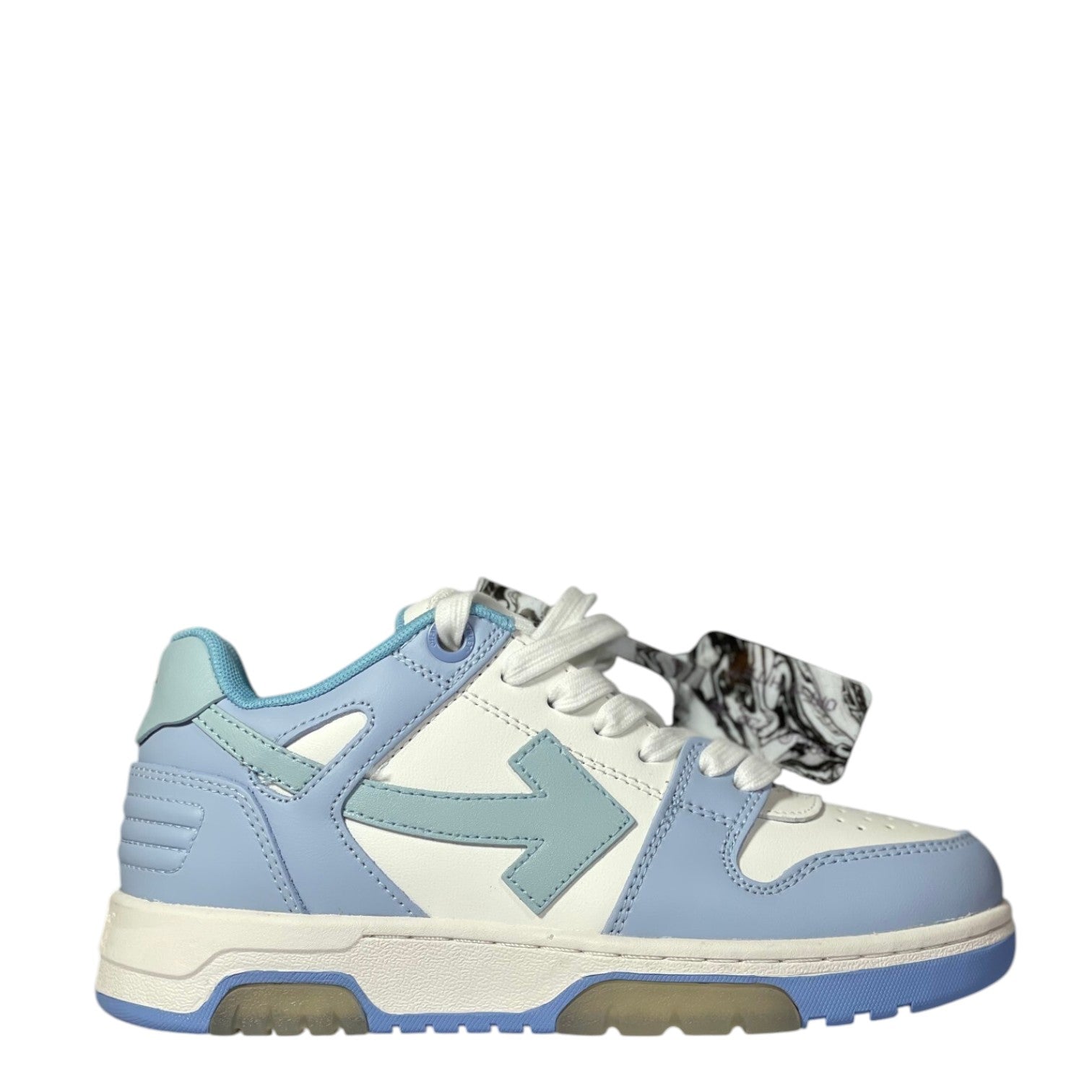 Luxury Chef OFF-WHITE OUT OF OFFICE sneakers with white and light blue leather, featuring the iconic arrow logo.