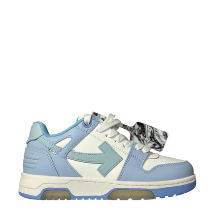 Luxury Chef OFF-WHITE OUT OF OFFICE sneakers with white and light blue leather, featuring the iconic arrow logo.