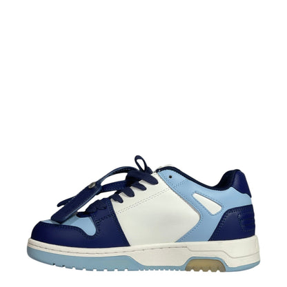 Luxury Chef Off-White Out of Office sneakers in white, navy blue, and light blue leather with a chunky sole.