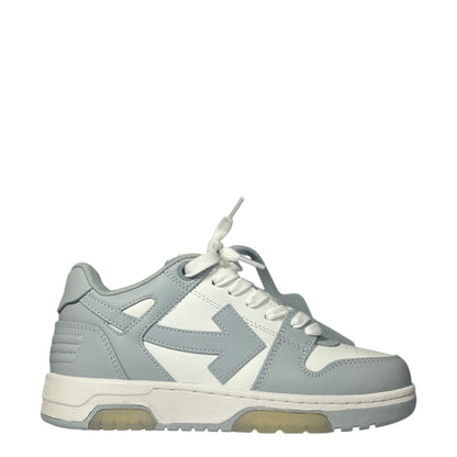 Luxury Chef OFF-WHITE OUT OF OFFICE light blue and white leather sneakers with iconic arrow logo.