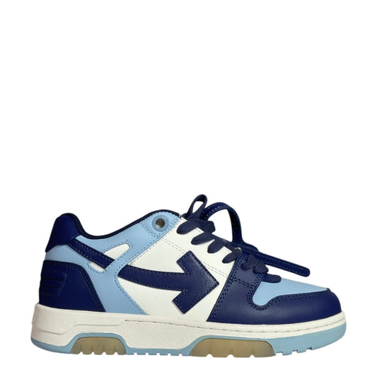 Luxury Chef OFF-WHITE OUT OF OFFICE sneakers in navy blue, light blue, and white leather with signature arrow logo.