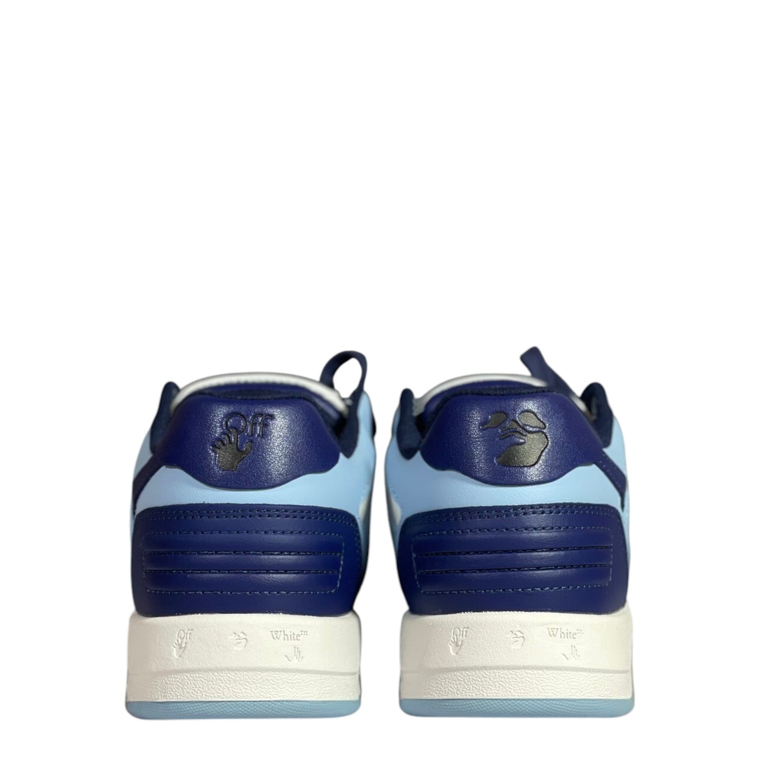 Luxury Chef OFF-WHITE OUT OF OFFICE light blue and navy leather sneakers with white soles.