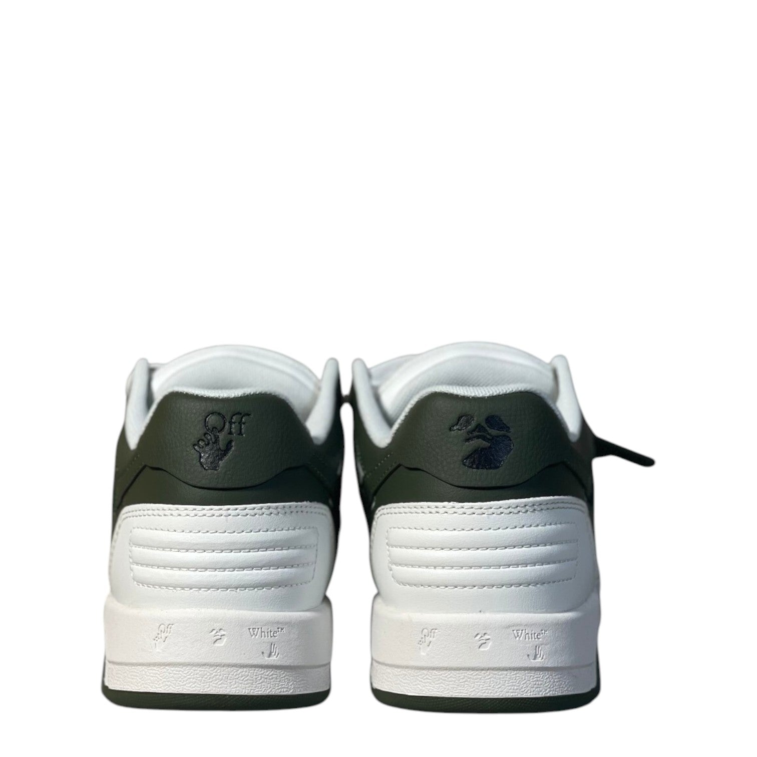 Luxury Chef OFF-WHITE OUT OF OFFICE white and dark green leather sneakers with embossed logo.