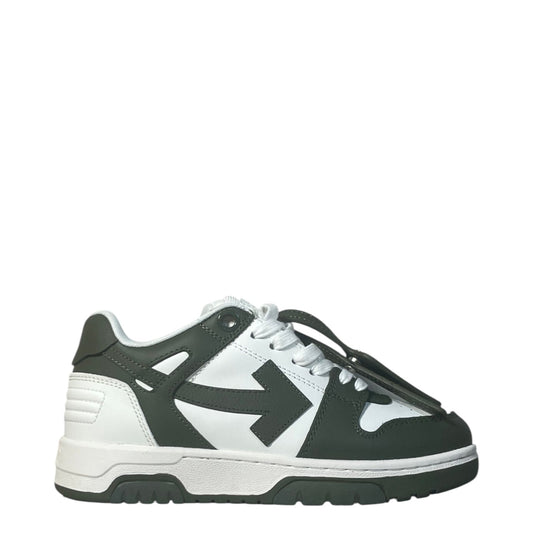 Luxury Chef OFF-WHITE OUT OF OFFICE white and green leather low-top sneakers with iconic arrow logo.