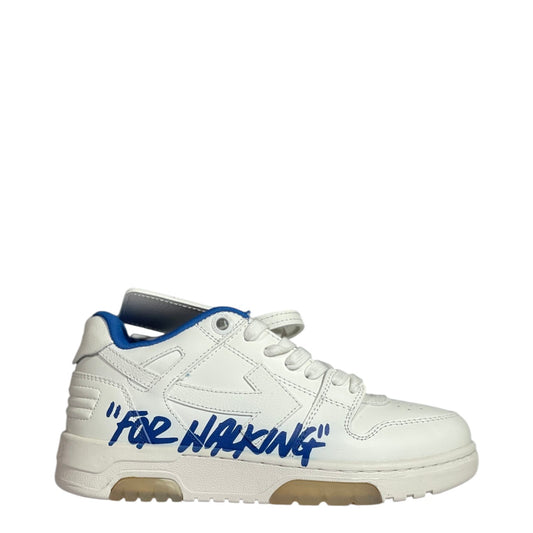 Luxury Chef Off-White Out of Office sneakers with blue "For Walking" text and blue trim.
