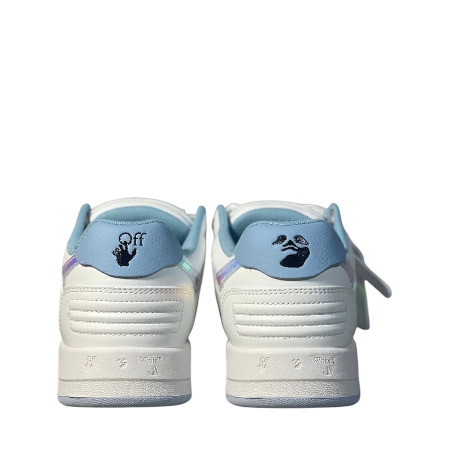 Luxury Chef OFF-WHITE OUT OF OFFICE white leather sneakers with blue accents and iridescent details.