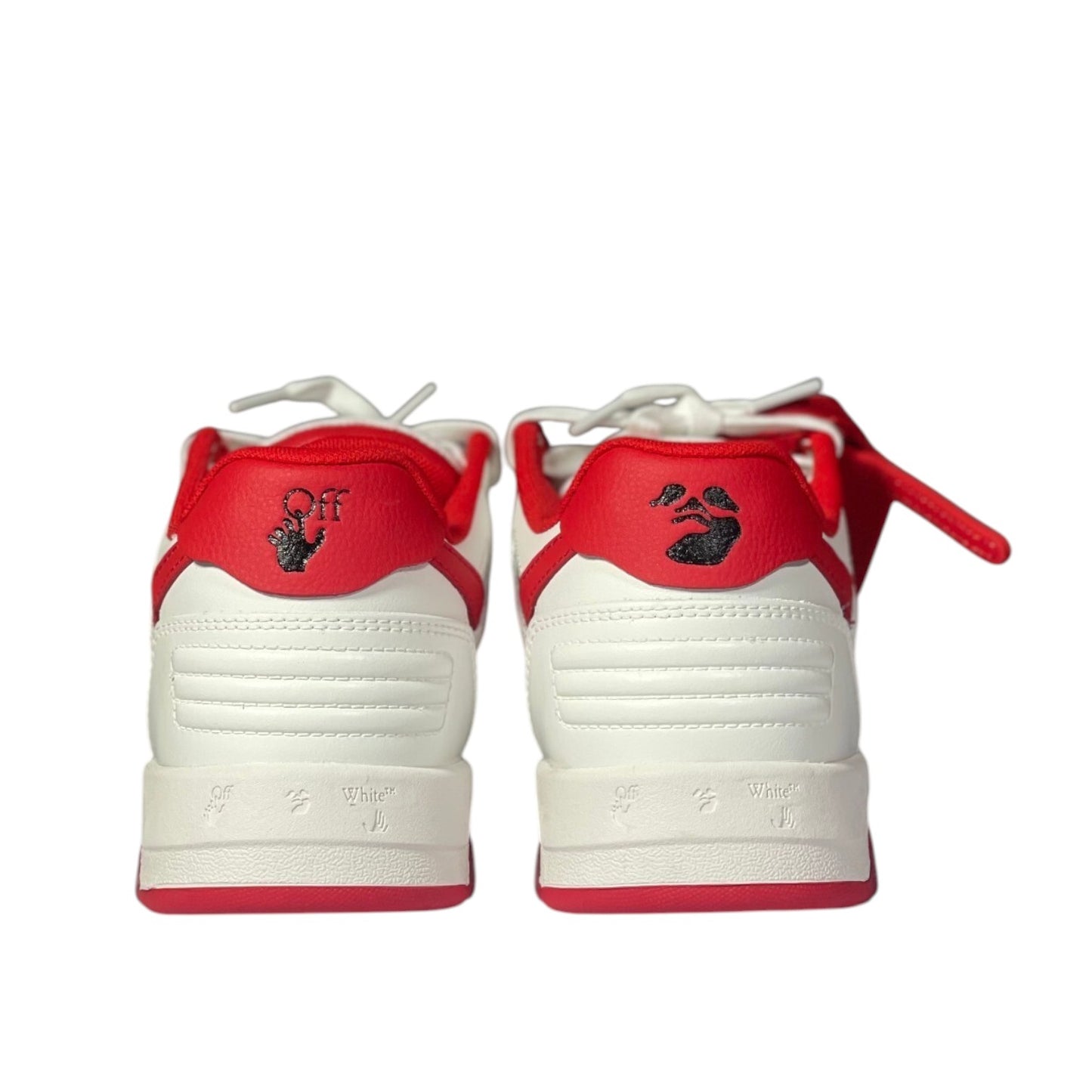 Luxury Chef OFF-WHITE OUT OF OFFICE white leather sneakers with red accents and black logo detail.