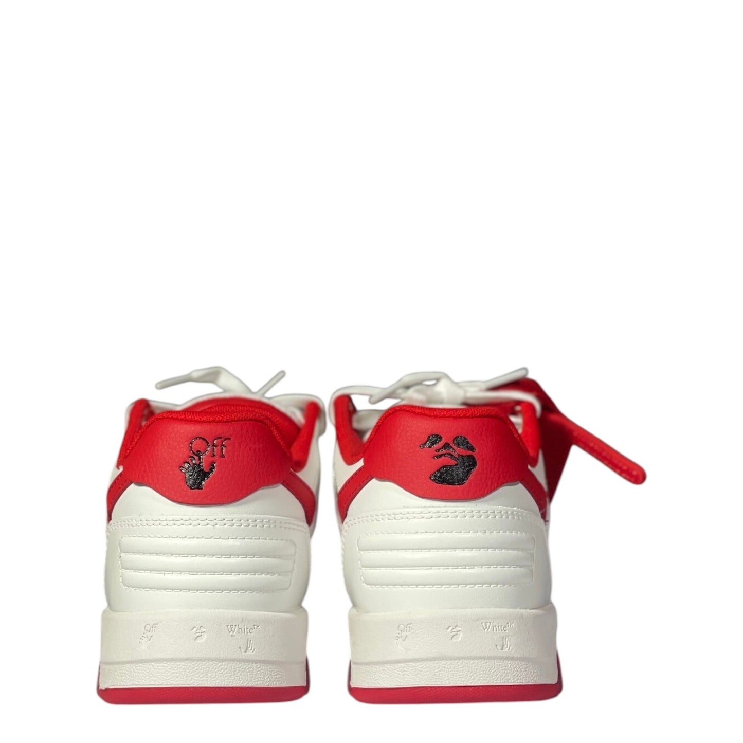 Luxury Chef OFF-WHITE OUT OF OFFICE white leather sneakers with red accents and black logo detail.