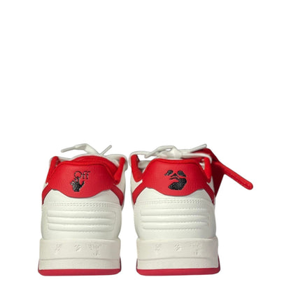 Luxury Chef OFF-WHITE OUT OF OFFICE white leather sneakers with red accents and black logo detail.