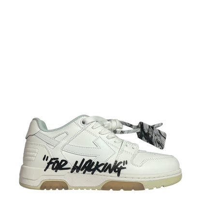 Luxury Chef OFF-WHITE OUT OF OFFICE white leather sneakers with black "FOR WALKING" text and distinctive tag.