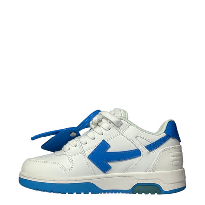 Luxury Chef OFF-WHITE OUT OF OFFICE white leather sneakers with blue arrow logo and accents.