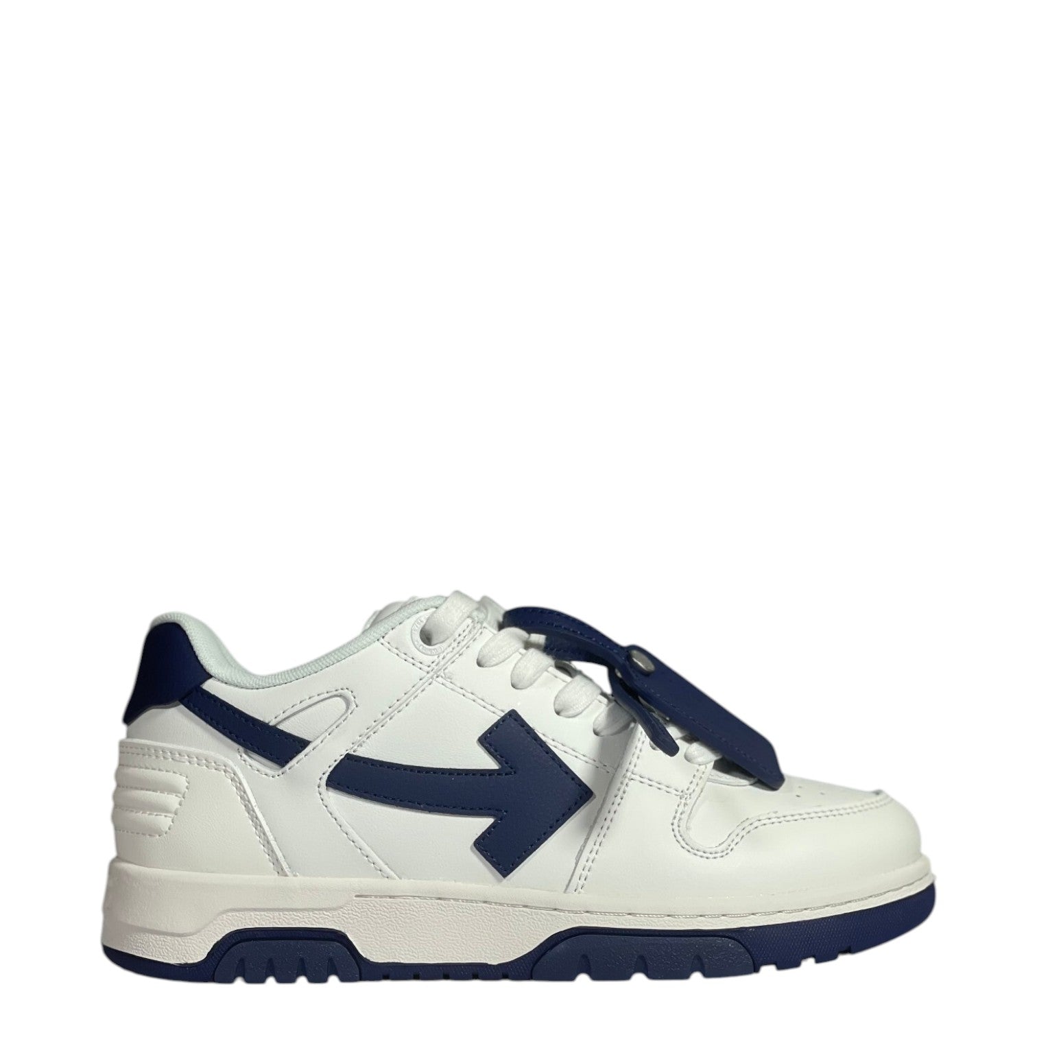 Luxury Chef OFF-WHITE OUT OF OFFICE white leather sneakers with navy blue arrow logo and accents.