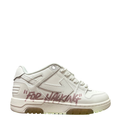 Luxury Chef Off-White Out of Office white leather sneakers with pink "For Walking" graphic detail.