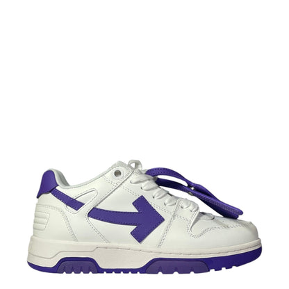Luxury Chef Off-White Out of Office white leather sneakers with purple arrow logo and accents.
