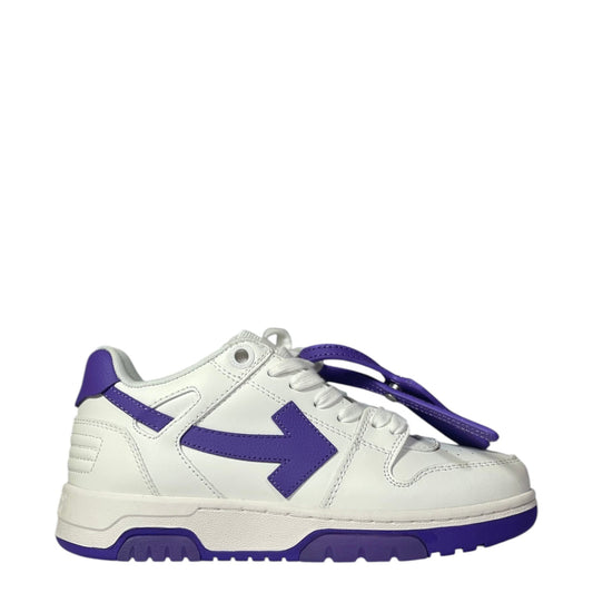 Luxury Chef Off-White Out of Office white leather sneakers with purple arrow logo and accents.