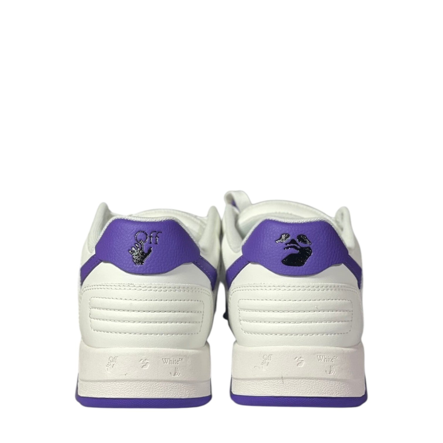 Luxury Chef Off-White Out of Office white leather sneakers with purple accents and embroidered logos.