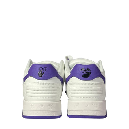 Luxury Chef Off-White Out of Office white leather sneakers with purple accents and embroidered logos.