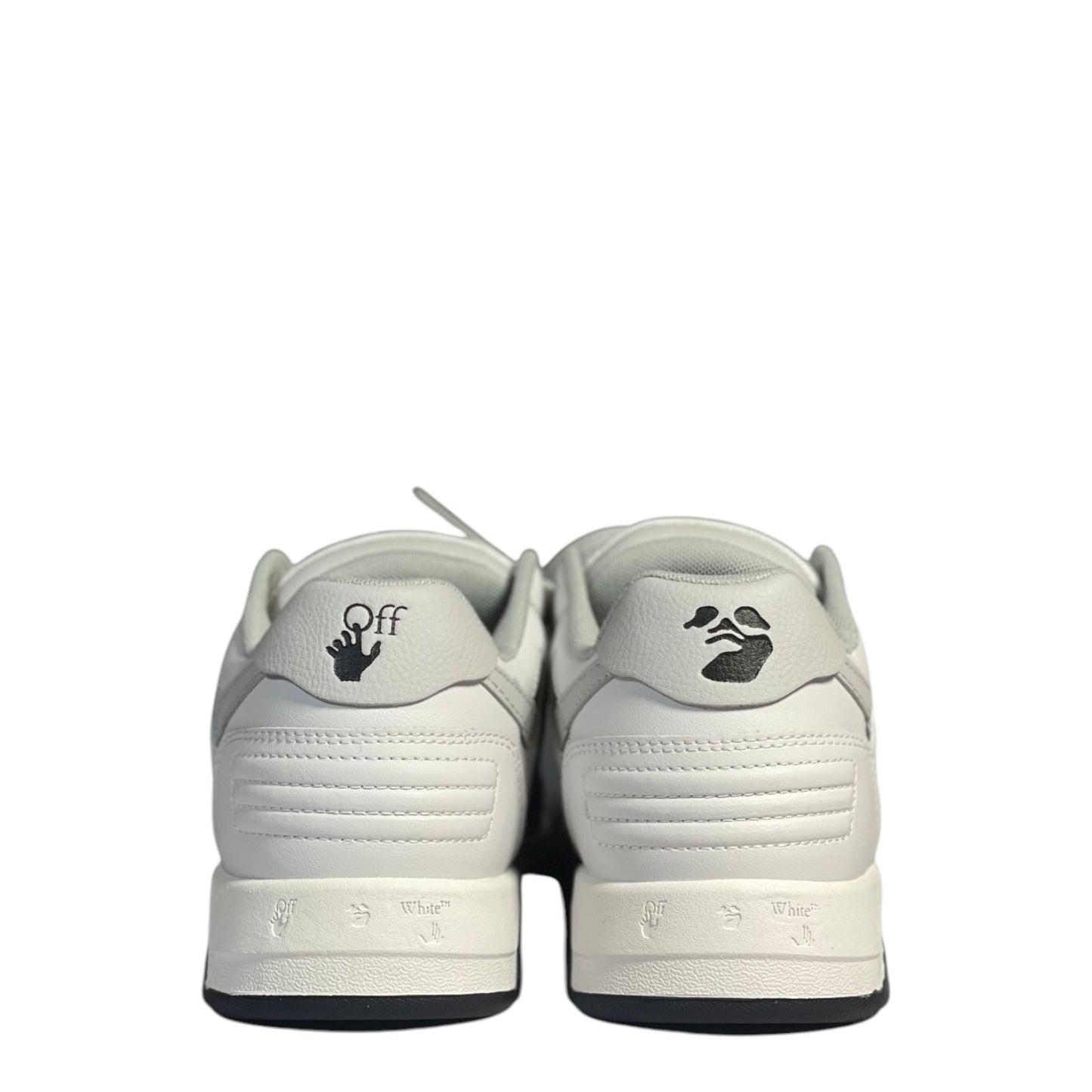 Luxury Chef Off-White Out of Office white leather sneakers with black accents and signature arrow logo.