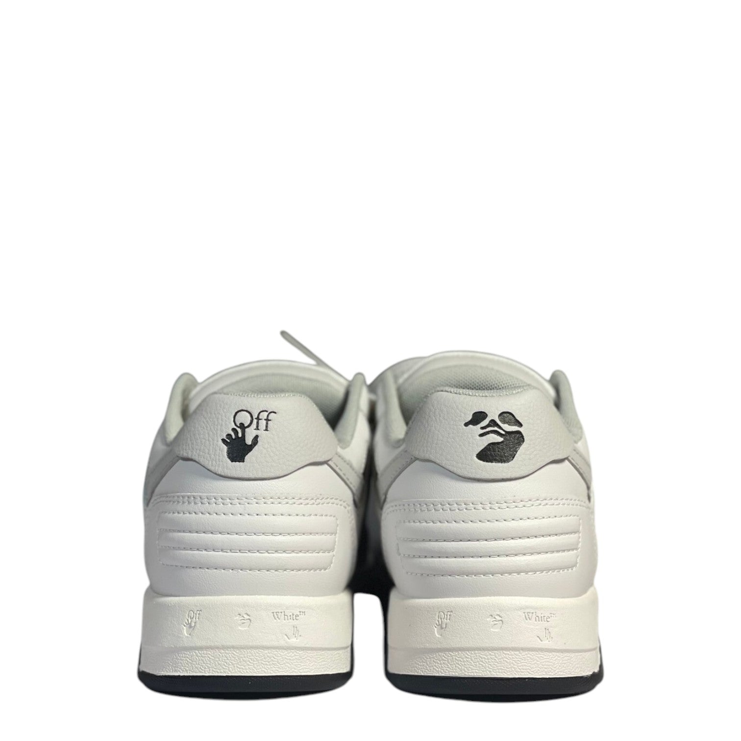 Luxury Chef Off-White Out of Office white leather sneakers with black accents and signature arrow logo.