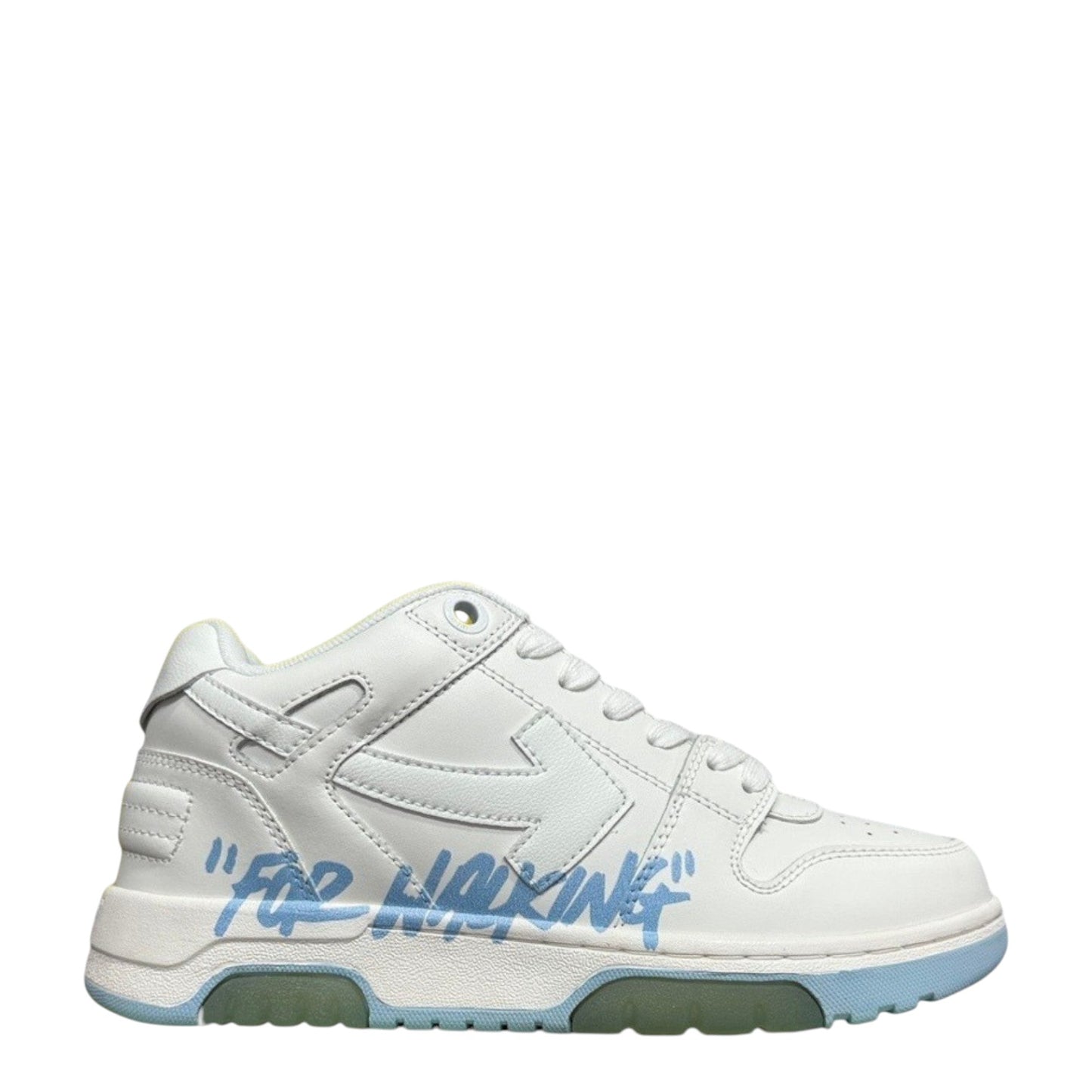 Luxury Chef Off-White Out of Office white leather sneakers with blue "FOR WALKING" graphic and light blue sole.