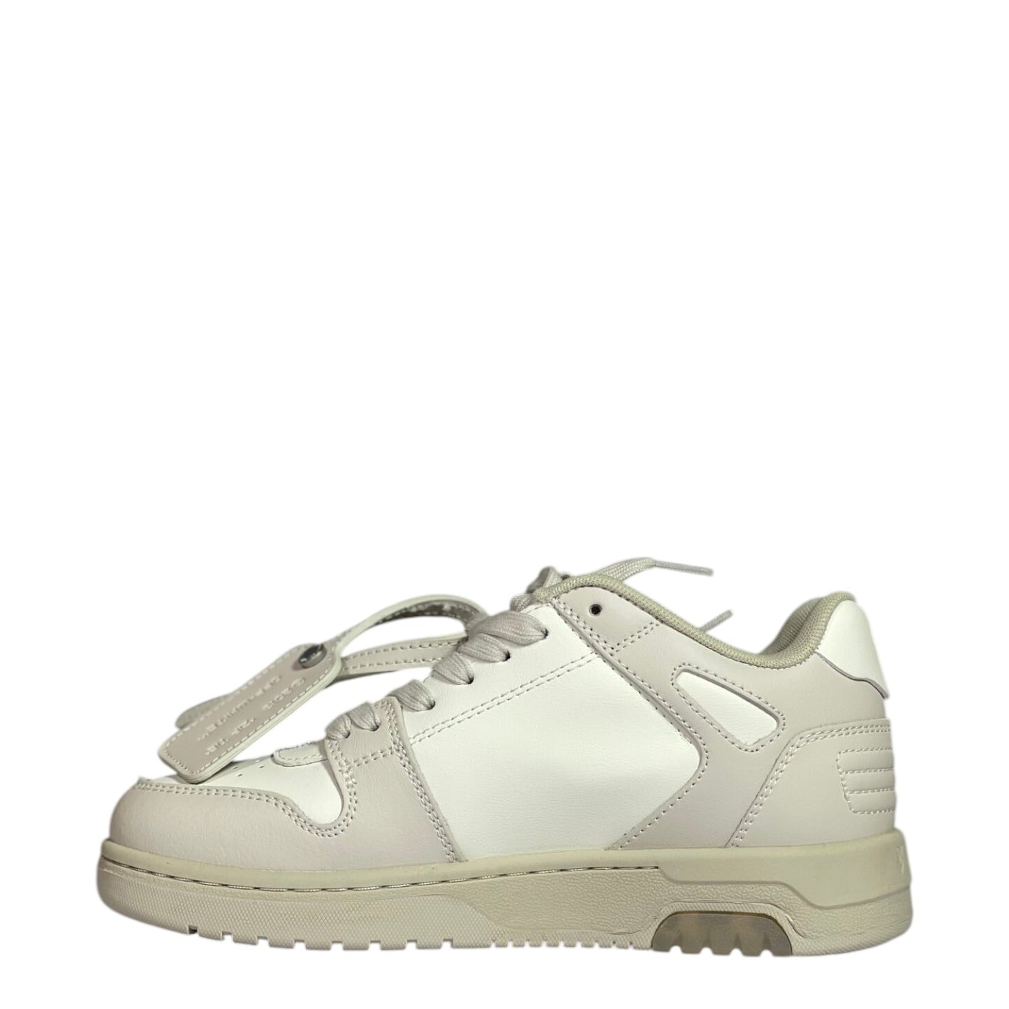 Luxury Chef OFF-WHITE OUT OF OFFICE white leather low-top sneakers with beige accents and signature tag.