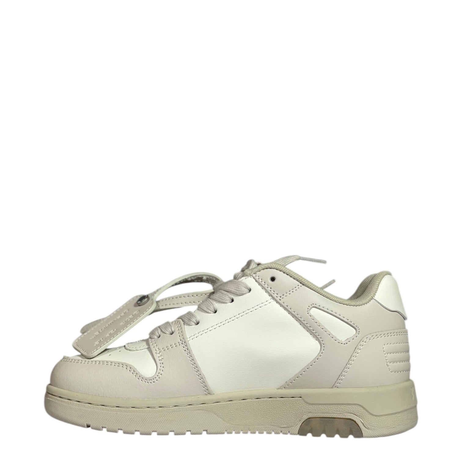 Luxury Chef OFF-WHITE OUT OF OFFICE white leather low-top sneakers with beige accents and signature tag.